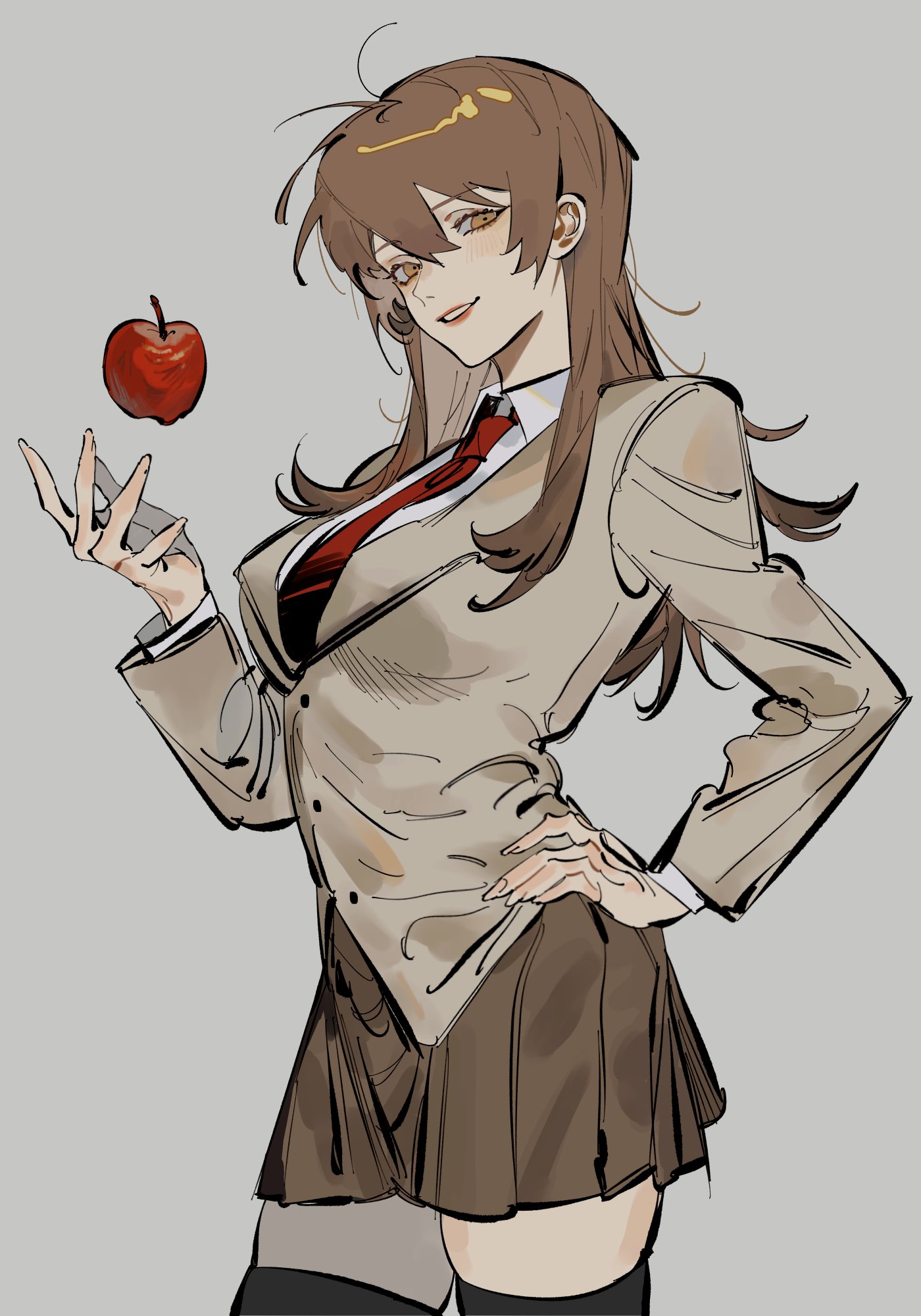 akmizuk, yagami light, death note, commentary, english commentary, highres, 1girl, apple, black thighhighs, breasts, brown eyes, brown hair, brown jacket, brown skirt, collared shirt, cowboy shot, food, fruit, genderswap, genderswap (mtf), hand on own hip, jacket, long sleeves, looking at viewer, shirt, skirt, smile, solo, thighhighs, white shirt