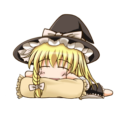 kirisame marisa, touhou, lowres, 1girl, blonde hair, chibi, chibi only, female focus, full body, hat, pillow, simple background, solo, white background, witch, witch hat