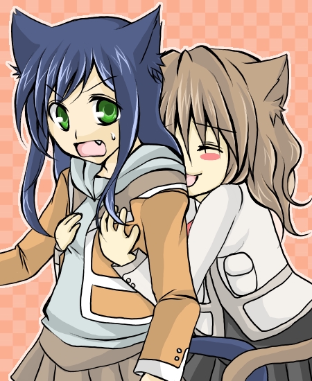 fujino shizuru, kuga natsuki, my-hime, 00s, 2girls, animal ears, breasts, cat ears, grabbing another's breast, groping, multiple girls, orange shirt, school uniform, shirt, small breasts, yuri