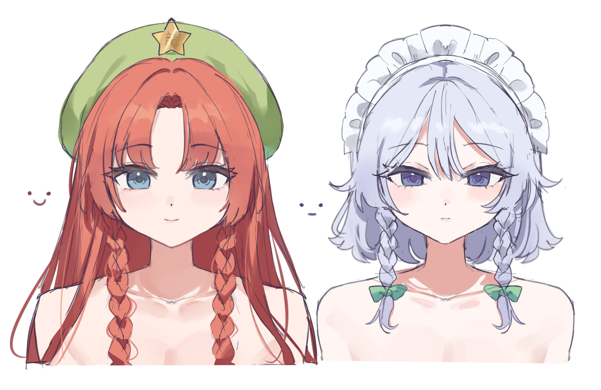 sarukana, hong meiling, izayoi sakuya, touhou, highres, 2girls, :|, bare shoulders, beret, blue eyes, bow, braid, closed mouth, collarbone, cropped shoulders, double-parted bangs, green bow, green hat, grey hair, hair between eyes, hair bow, hat, hat ornament, long hair, looking at viewer, maid headdress, medium hair, multiple girls, parted bangs, red eyes, side braids, simple background, smile, star (symbol), star hat ornament, white background
