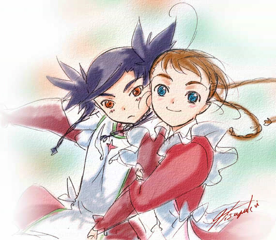 hisayuki hirokazu, arika yumemiya, nina wang, my-otome, arm grab, official art, traditional media, 00s, 2girls, ahoge, apron, black hair, blue eyes, blush, braid, brown eyes, brown hair, garderobe uniform, long sleeves, multiple girls, twin braids