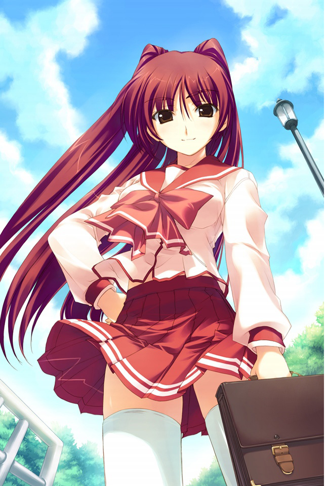 amazuyu tatsuki, kousaka tamaki, to heart (series), to heart 2, game cg, 00s, 1girl, blush, briefcase, brown eyes, cowboy shot, day, female focus, hand on own hip, long hair, outdoors, pleated skirt, red hair, school briefcase, school uniform, serafuku, skirt, sky, solo, thighhighs, zettai ryouiki