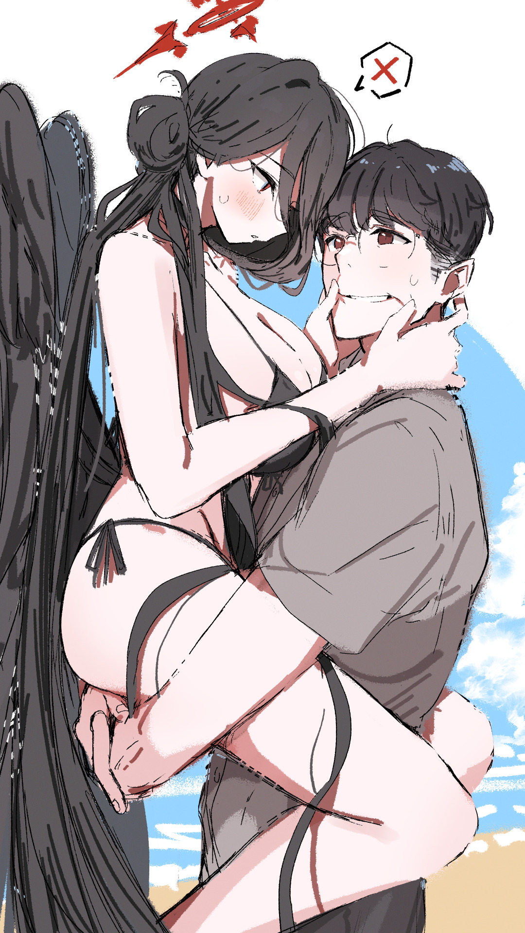 kasasagi (futagodori888), hasumi (blue archive), hasumi (swimsuit) (blue archive), sensei (blue archive), blue archive, commentary request, highres, 1boy, 1girl, ass, bare legs, beach, bikini, black bikini, black hair, black wings, blush, breasts, carrying, carrying person, cleavage, feathered wings, glasses, grey shirt, hair bun, halo, hetero, large breasts, long hair, official alternate costume, outdoors, round eyewear, shirt, side-tie bikini bottom, single side bun, spoken x, string bikini, sweatdrop, swimsuit, very long hair, wings