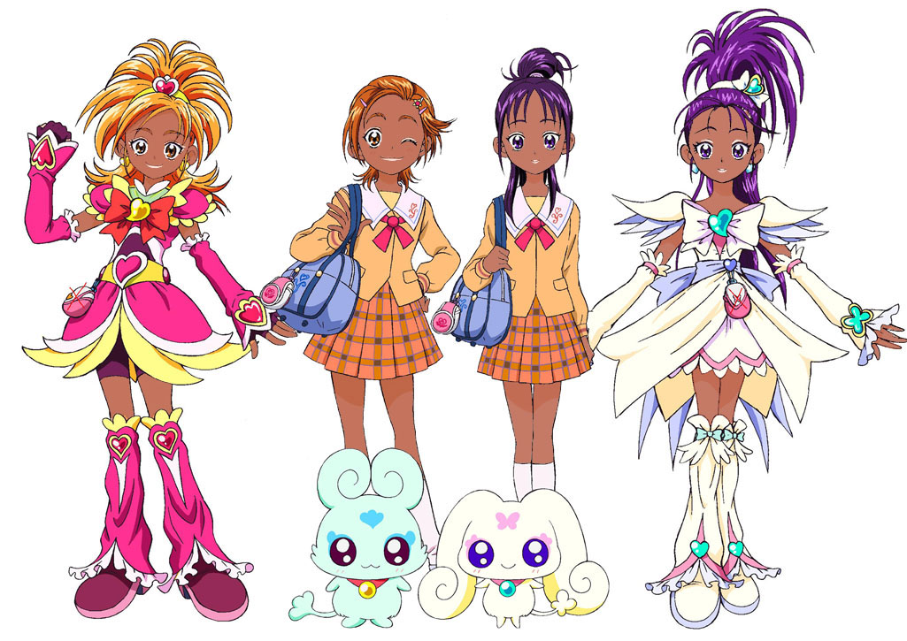 manba gyaru, choppy, cure bloom, cure egret, flappy, hyuuga saki, mishou mai, futari wa precure splash star, precure, white footwear, 00s, 2girls, bag, boots, brooch, brown eyes, brown hair, creature, dark-skinned female, dark skin, dual persona, earrings, elbow gloves, ganguro, gloves, gyaru, hair ornament, hairclip, handbag, heart, heart brooch, jewelry, knee boots, long sleeves, magical girl, multiple girls, orange hair, pink boots, plaid clothes, plaid skirt, pleated skirt, purple eyes, purple hair, school uniform, serafuku, skirt, white background, yuunagi middle school uniform