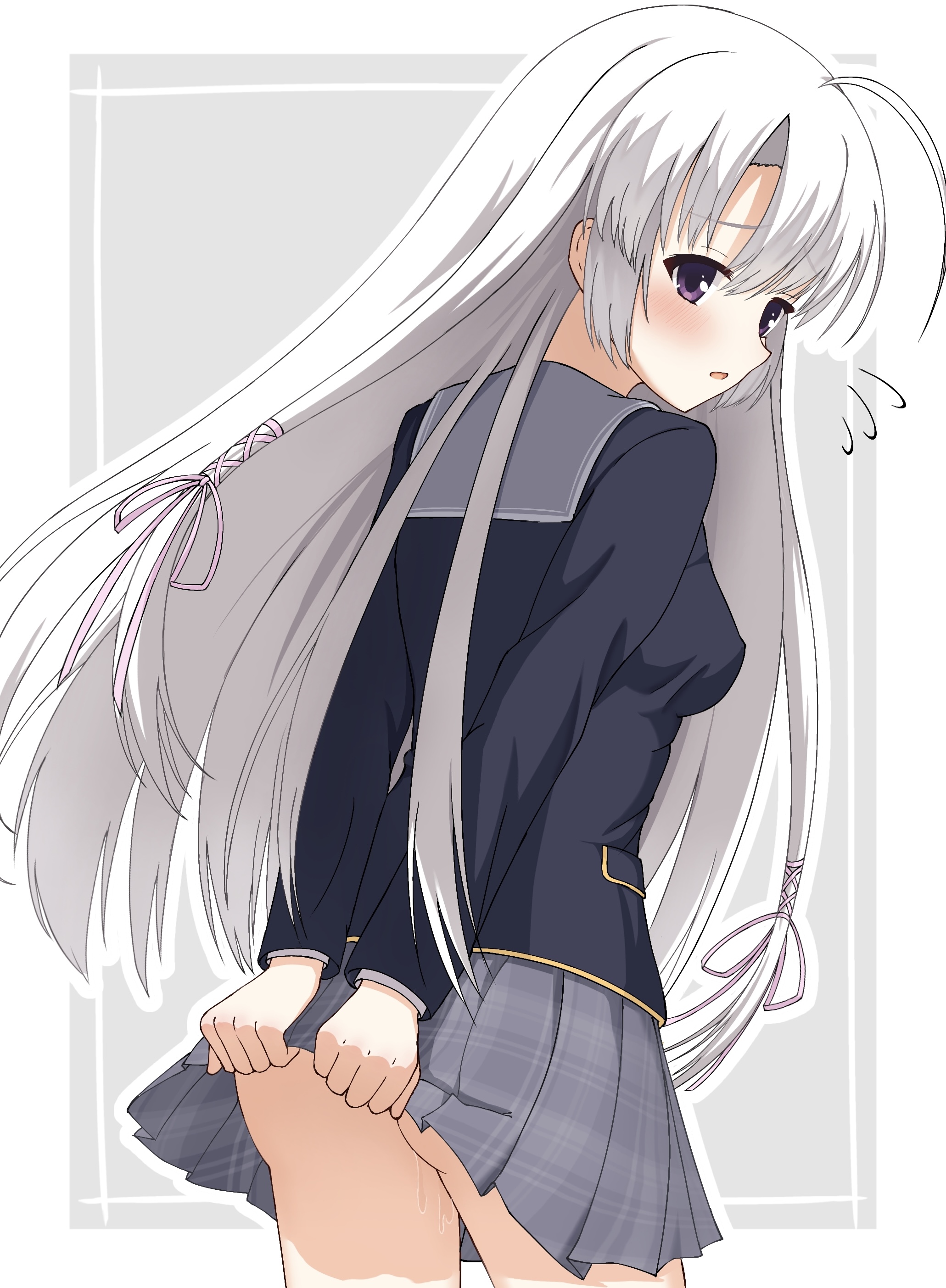 1230 mochi, ayachi nene, sanoba witch, absurdres, commentary request, highres, 1girl, ahoge, arms behind back, ass, black jacket, blush, border, breasts, covered erect nipples, cowboy shot, embarrassed, flying sweatdrops, from behind, furrowed brow, grey background, grey hair, grey sailor collar, grey skirt, hair between eyes, hair ribbon, impossible clothes, jacket, large breasts, long hair, long sleeves, looking at viewer, looking back, miniskirt, no panties, open mouth, outline, outside border, pink ribbon, plaid clothes, plaid skirt, pleated skirt, purple eyes, pussy juice, ribbon, sailor collar, school uniform, serafuku, sidelocks, simple background, skirt, skirt tug, solo, straight hair, very long hair, white border, white outline