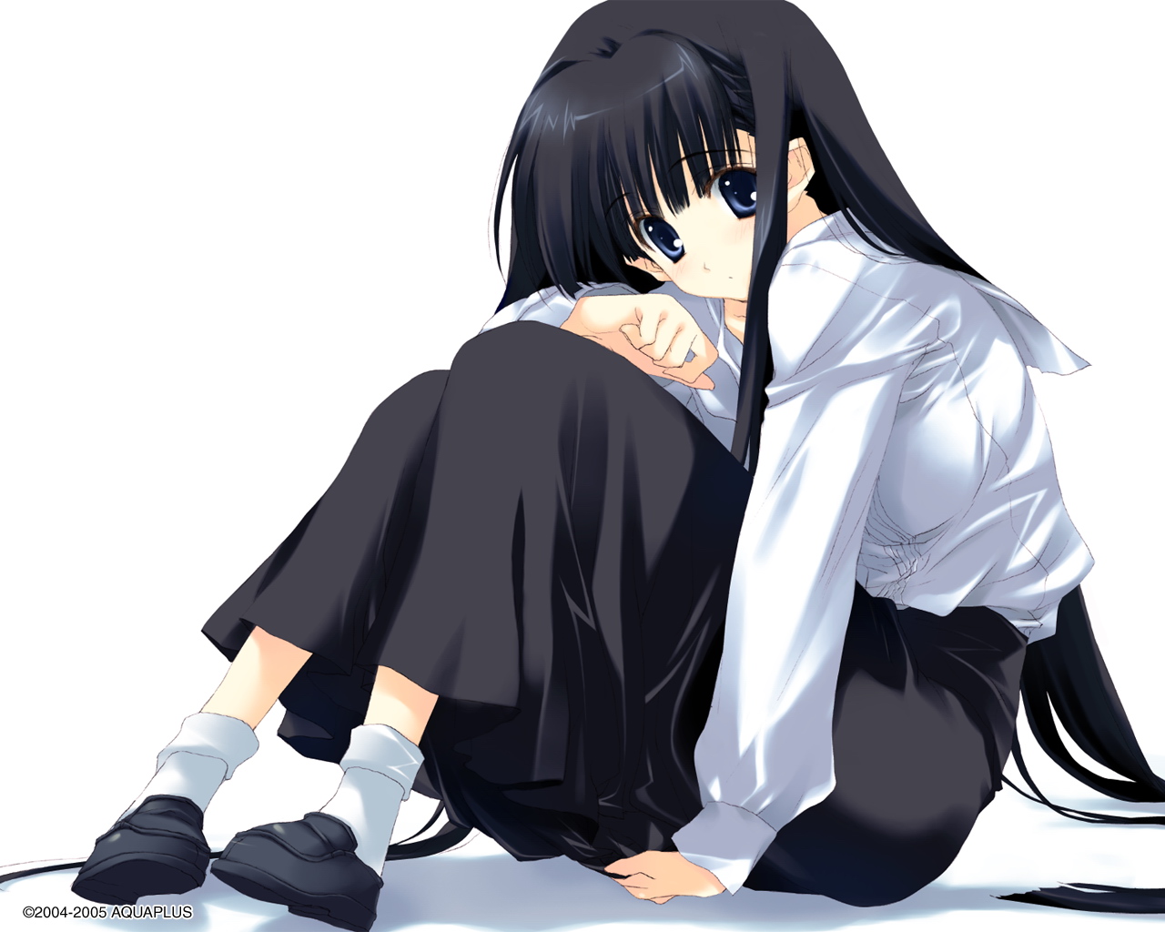 nakamura takeshi, kusakabe yuuki (to heart 2), to heart (series), to heart 2, 00s, 1girl, 2004, 2005, black hair, blue eyes, bobby socks, expressionless, female focus, full body, loafers, long hair, long skirt, long sleeves, looking at viewer, pigeon-toed, shirt, shoes, simple background, sitting, skirt, socks, solo, very long hair