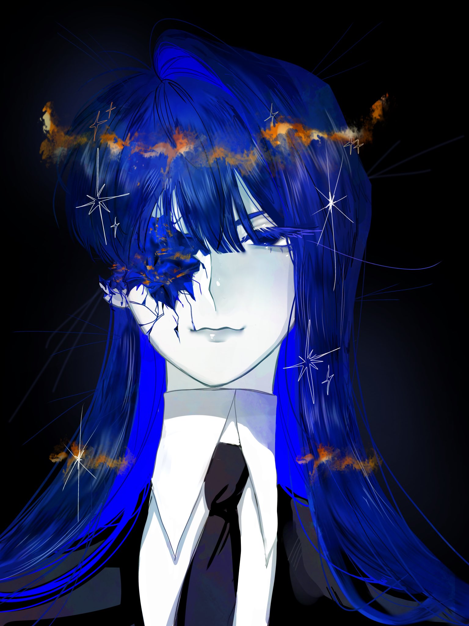 lapis lazuli (houseki no kuni), houseki no kuni, hashtag-only commentary, highres, 1other, androgynous, black background, black necktie, blue eyes, blue hair, closed mouth, colored skin, cracked skin, eyelashes, gem uniform (houseki no kuni), glint, long hair, looking at viewer, necktie, ritu ritu2525, smile, white skin