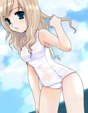 chimaro, toudou shimako, maria-sama ga miteru, lowres, 00s, 1girl, bare shoulders, blonde hair, blue eyes, cloud, day, dutch angle, female focus, long hair, oekaki, one-piece swimsuit, open mouth, school swimsuit, see-through clothes, sky, solo, swimsuit, white one-piece swimsuit, white school swimsuit