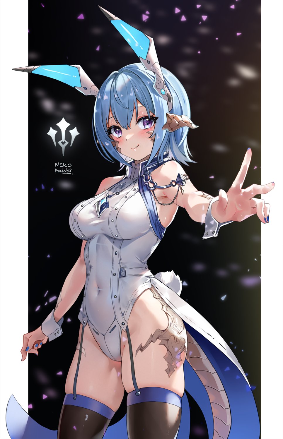 lili mdoki, sage (final fantasy), warrior of light (ff14), final fantasy, final fantasy xiv, highres, 1girl, animal ears, artist name, au ra, black thighhighs, blue hair, blue nails, breasts, bunny day, dragon girl, dragon horns, dragon tail, fake animal ears, fake tail, garter straps, horns, large breasts, leotard, nail polish, nontraditional playboy bunny, purple eyes, tail, tailcoat, tailcoat playboy bunny, thighhighs, white leotard, white scales