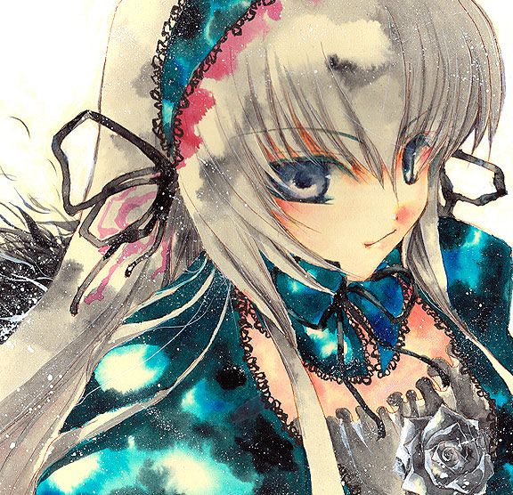 suigintou, rozen maiden, silver hair, 00s, 1girl, black ribbon, black wings, feathered wings, female focus, flower, gothic lolita, hairband, lolita fashion, lolita hairband, long hair, puffy sleeves, purple eyes, ribbon, rose, solo, upper body, white flower, white rose, wings