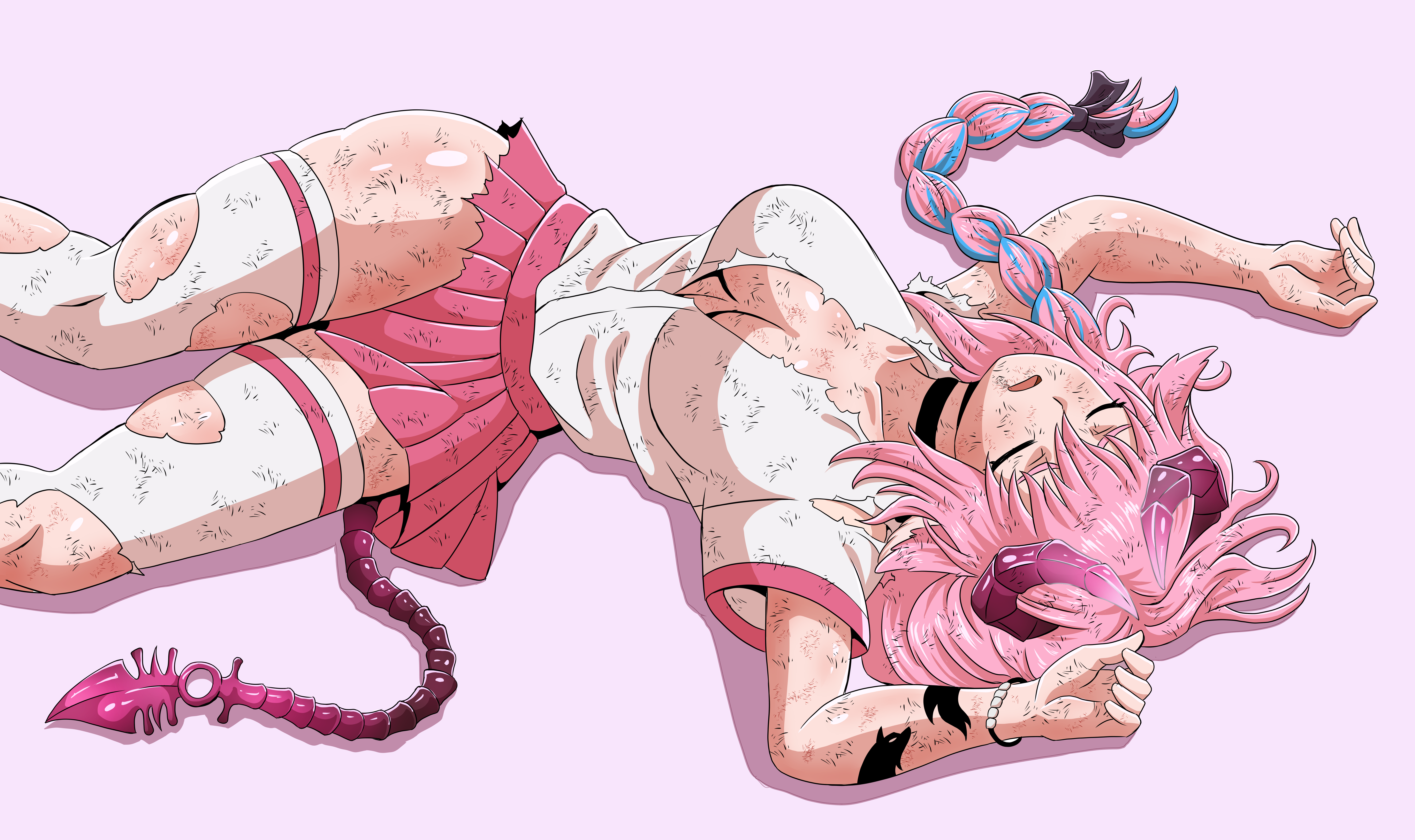 absurdres, highres, braid, breasts, cleavage, defeat, dragon girl, dragon horns, horns, irelyth, peril, pink hair, ryona, school uniform, tail, thighhighs, torn clothes, unconscious, virtual youtuber