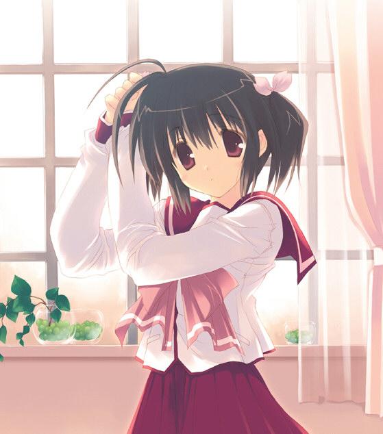 yuzuhara konomi, to heart (series), to heart 2, pot, 00s, 1girl, ahoge, bow, curtains, expressionless, female focus, hairdressing, indoors, long sleeves, looking at viewer, plant, red eyes, school uniform, serafuku, short hair, skirt, solo, twintails, window