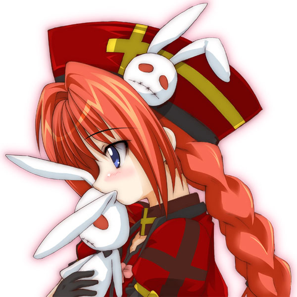 shiwo, vita (nanoha), lyrical nanoha, mahou shoujo lyrical nanoha, mahou shoujo lyrical nanoha a's, 00s, 1girl, beret, black gloves, blue eyes, braid, female focus, gloves, hat, hugging doll, hugging object, jacket, magical girl, open clothes, open jacket, orange hair, profile, red hair, solo, stuffed animal, stuffed rabbit, stuffed toy, twin braids, twintails, upper body