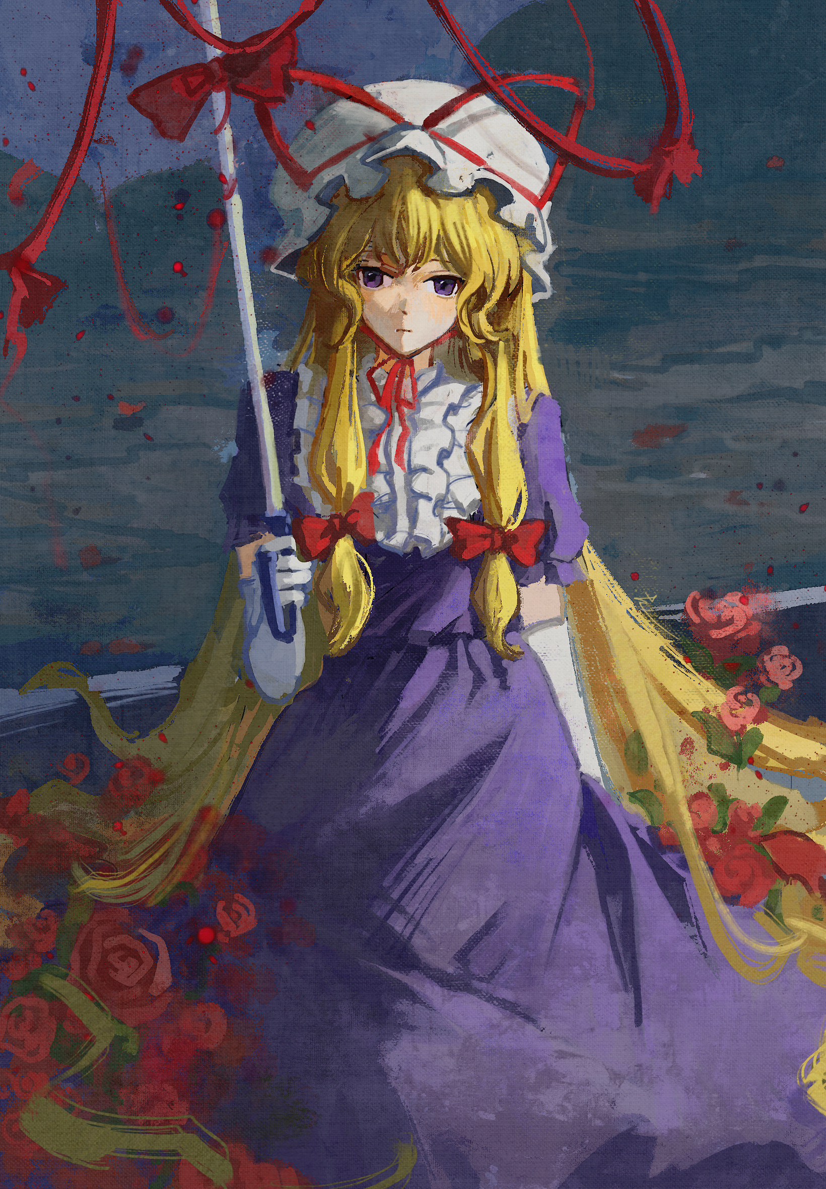 ge dazuo, yakumo yukari, touhou, chinese commentary, commentary request, highres, 1girl, blonde hair, bow, closed mouth, dress, elbow gloves, flower, gloves, hair bow, hat, holding, holding umbrella, long hair, looking at viewer, mob cap, purple dress, purple eyes, red flower, red ribbon, red rose, ribbon, rose, short sleeves, solo, umbrella, very long hair, white gloves