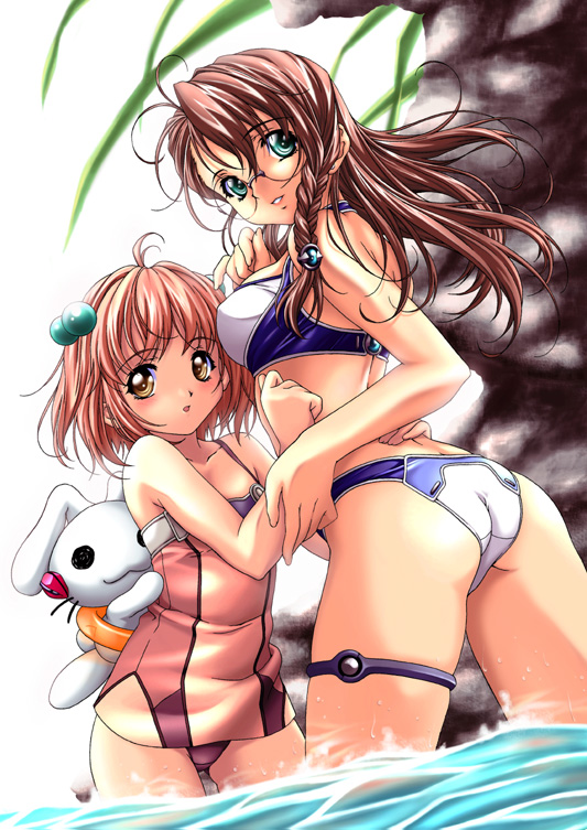nagayori, bunnie, momo mizrahi, shion uzuki, xenosaga, 2girls, ass, back, bikini, blue eyes, braid, brown eyes, brown hair, glasses, long hair, looking back, multiple girls, pink hair, rabbit, stuffed animal, stuffed toy, swimsuit, water, yellow eyes