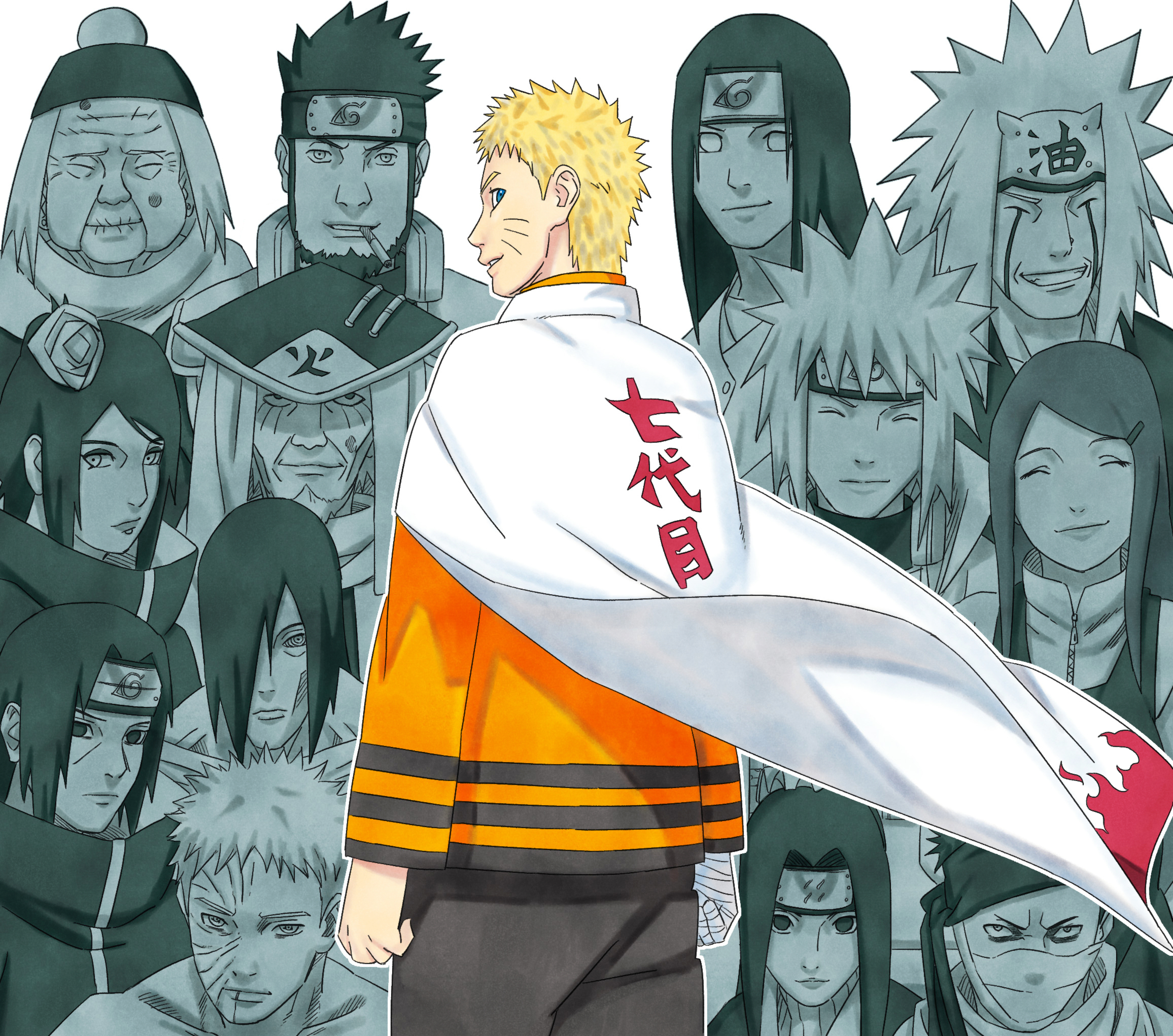 nanxdaime, chiyo (naruto), haku (naruto), hyuuga neji, jiraiya (naruto), konan (naruto), momochi zabuza, nagato (naruto), namikaze minato, sarutobi asuma, sarutobi hiruzen, uchiha itachi, uchiha obito, uzumaki kushina, uzumaki naruto, boruto: naruto next generations, naruto (classic), naruto (series), naruto shippuuden, commentary, english commentary, highres, 3girls, 6+boys, akatsuki uniform, bandaged hand, bandages, beard, black pants, blonde hair, blue eyes, cigarette, closed mouth, covered mouth, facial hair, facial mark, forehead protector, goatee, hair ornament, hair over one eye, hairclip, kirigakure symbol, konohagakure symbol, long hair, long sleeves, multiple boys, multiple girls, old, old man, old woman, open mouth, orange shirt, pants, rinnegan, shirt, short hair, smile, solo focus, spiked hair, unlit cigarette in mouth, whisker markings, wrinkled skin