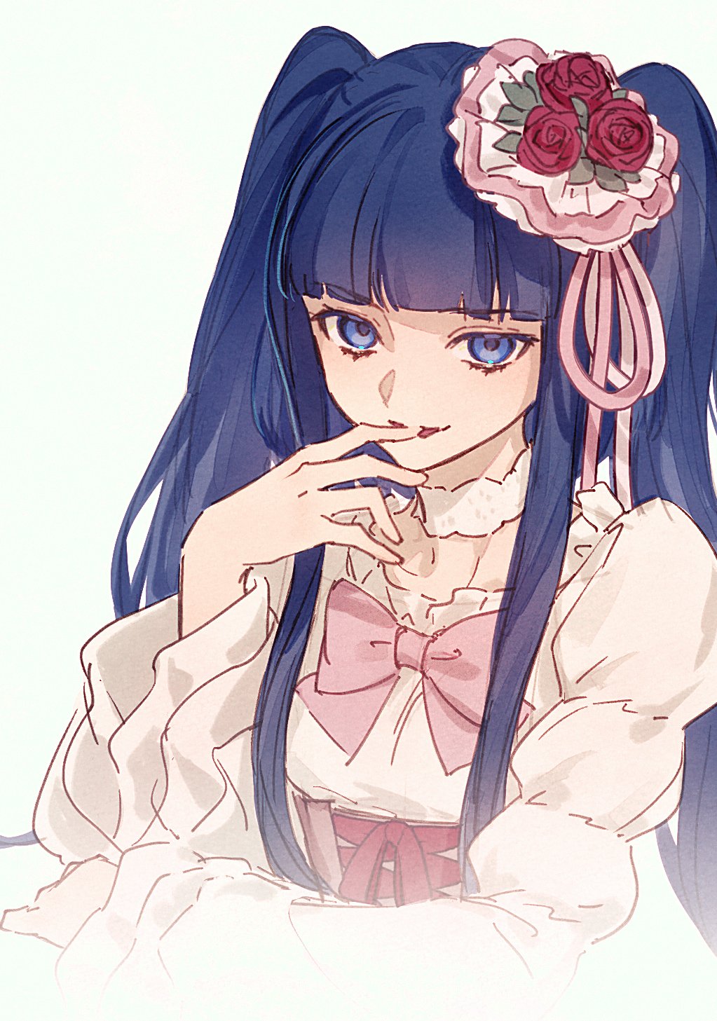 aluce, furudo erika, umineko no naku koro ni, highres, 1girl, blue eyes, blue hair, bow, dress, flower, hair flower, hair ornament, looking at viewer, open mouth, pink bow, red flower, red rose, rose, smile, solo, twintails, upper body, white dress