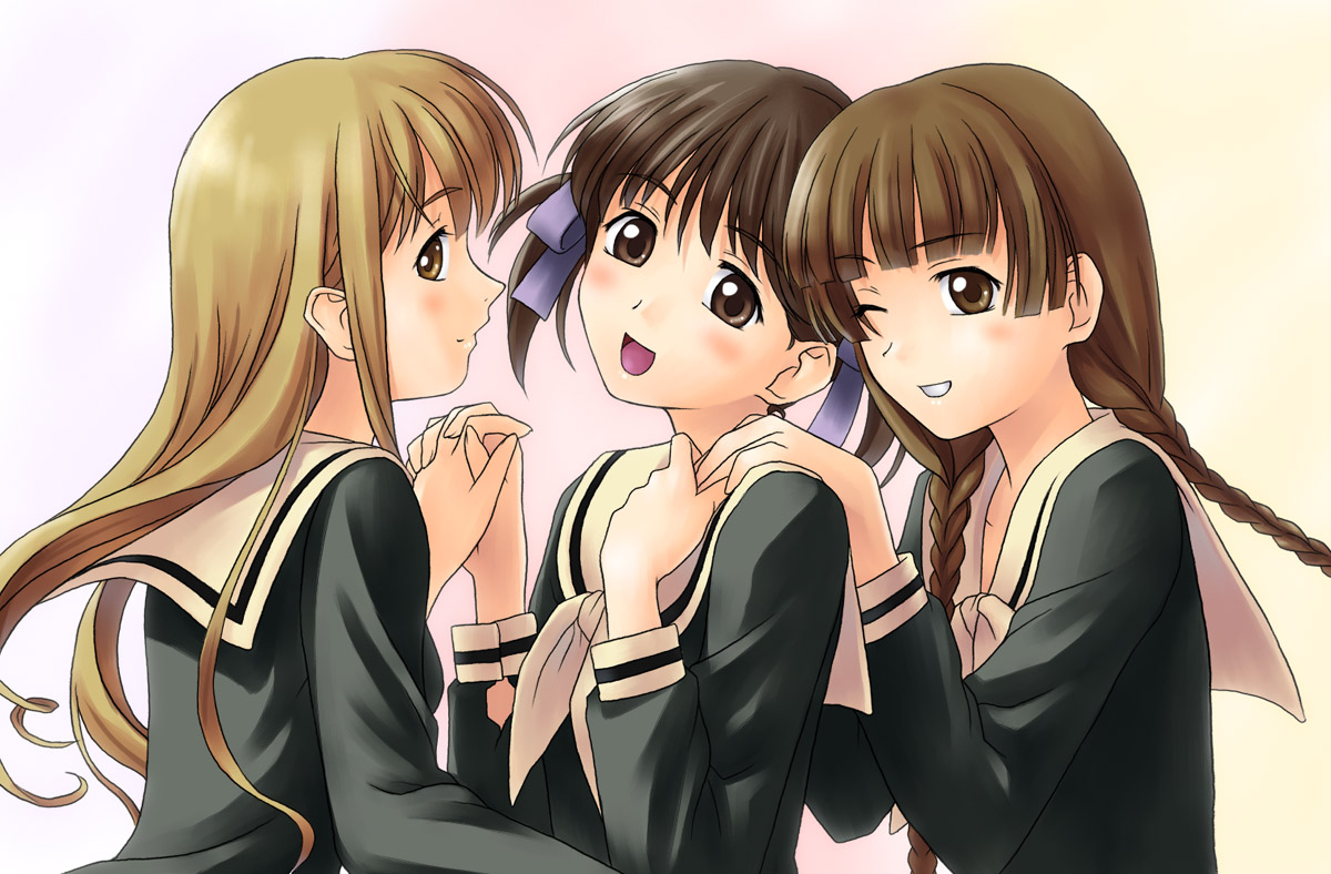 fukuzawa yumi, shimazu yoshino, toudou shimako, maria-sama ga miteru, hand on shoulder, derivative work, vector trace, 00s, 3girls, braid, brown eyes, head tilt, holding hands, interlocked fingers, long hair, looking at viewer, multiple girls, school uniform, serafuku, short hair, smile, twin braids, twintails