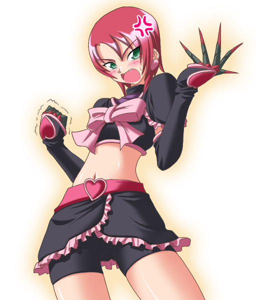 nekono matatabi, cure black, yuuki nao, futari wa precure, my-hime, precure, 1girl, anger vein, blush, claws, clenched hand, cosplay, crossover, cure black (cosplay), earrings, elbow gloves, fang, female focus, gloves, green eyes, jewelry, magical girl, midriff, parody, red hair, short hair, shorts, shorts under skirt, simple background, solo, sweatdrop, trembling, white background