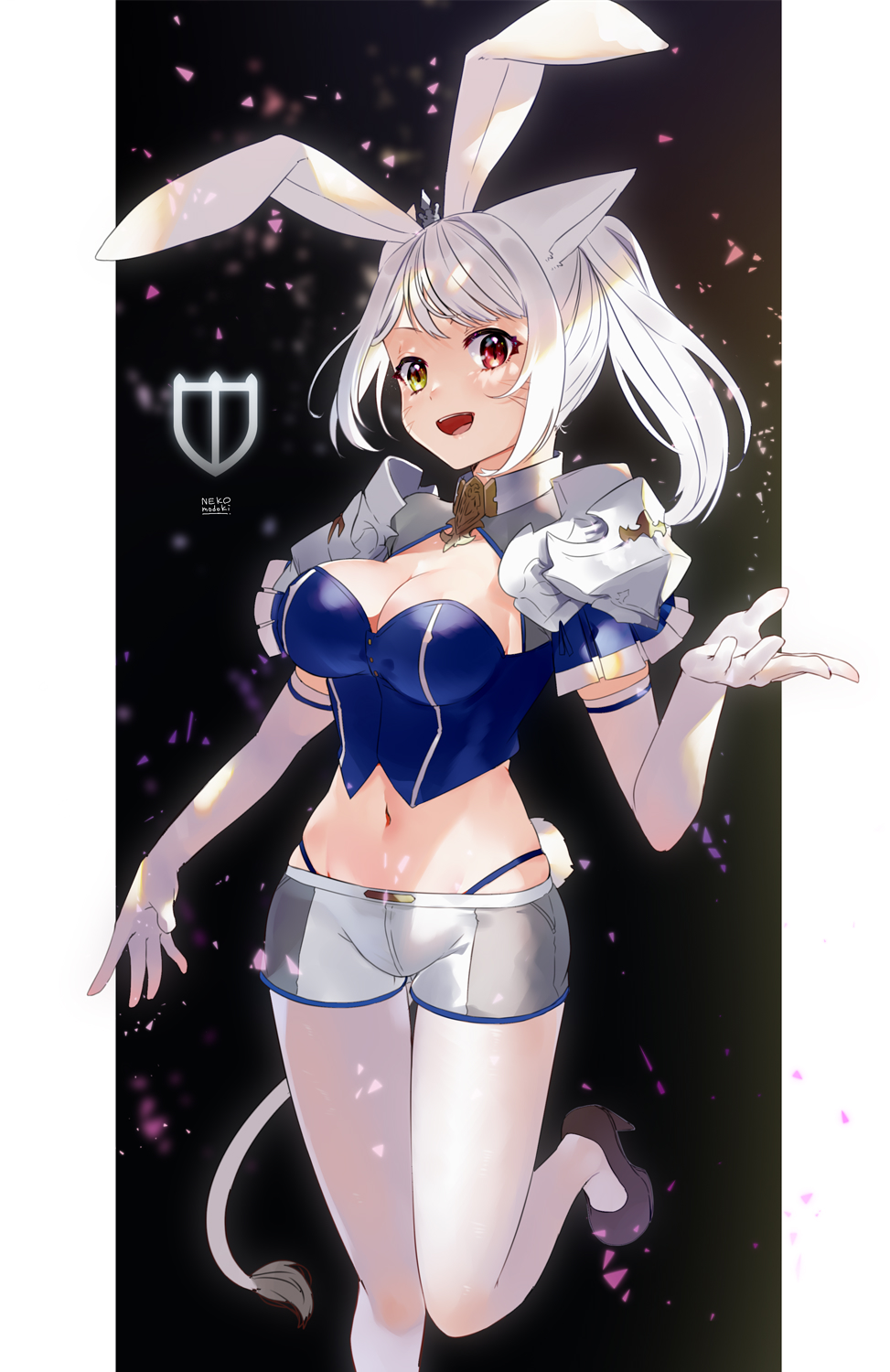 lili mdoki, paladin (final fantasy), warrior of light (ff14), final fantasy, final fantasy xiv, highres, 1girl, animal ears, blue corset, breasts, bunny day, cat ears, cat girl, cat tail, cleavage, corset, fake animal ears, fake tail, heterochromia, high heels, highleg, highleg panties, miqo'te, navel, open mouth, panties, panty straps, pantyhose, ponytail, red eyes, short shorts, shorts, tail, underwear, white hair, white pantyhose, yellow eyes