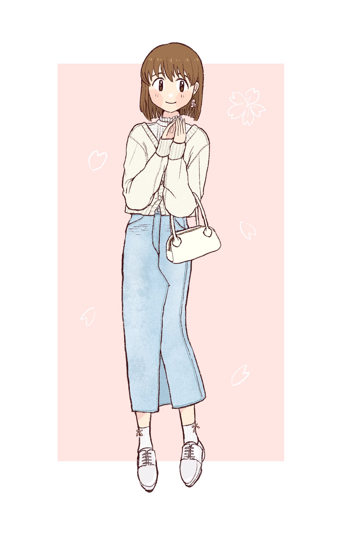 gyozawantan02, hagiwara yukiho, idolmaster, idolmaster (classic), idolmaster million live!, idolmaster million live! theater days, highres, 1girl, bag, blue skirt, blush stickers, bob cut, border, brown eyes, brown hair, cardigan, collar, denim, denim skirt, dress shirt, earrings, frilled collar, frills, handbag, inverted bob, jewelry, long skirt, long sleeves, looking at viewer, outside border, own hands together, pink background, shirt, shoes, short hair, single earring, skirt, sleeves past wrists, socks, solo, white border, white cardigan, white shirt, white shoes, white socks