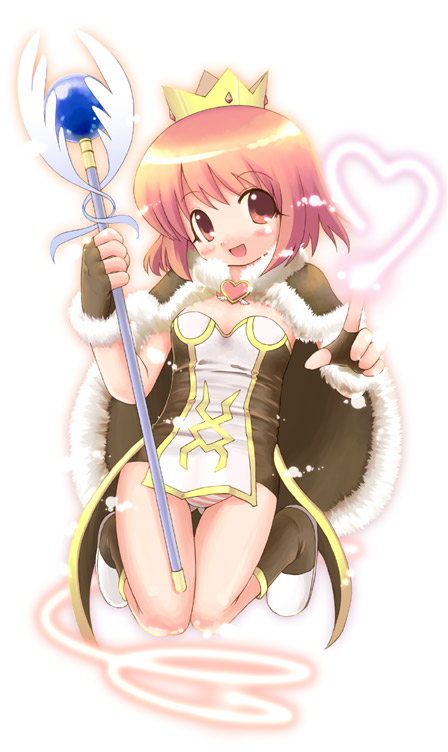 emurin, ragnarok online, 1girl, boots, cape, crown, dress, female focus, fingerless gloves, gloves, hat, holding, holding wand, kneeling, magic, panties, pantyshot, pink hair, pink panties, red eyes, short hair, solo, staff, strapless, strapless dress, striped clothes, striped panties, thigh gap, thighs, tube dress, underwear, wand