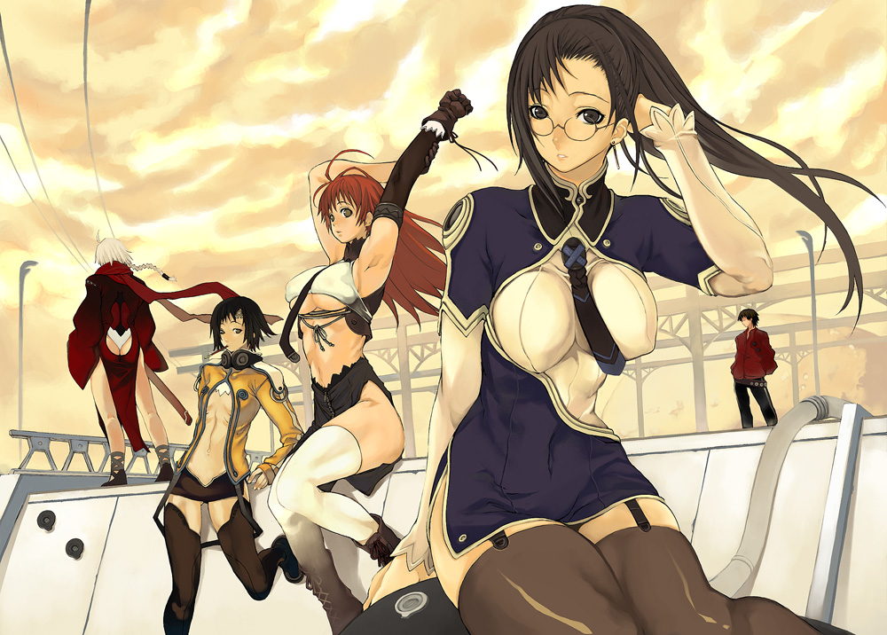imigimuru, bakuretsu tenshi, original, 00s, 1boy, 4girls, adjusting hair, ahoge, armpits, arms up, ass, black eyes, black hair, black thighhighs, braid, breasts, cloud, dress, earrings, elbow gloves, flat chest, garter belt, gloves, grey eyes, jewelry, large breasts, leg lift, long hair, midriff, miniskirt, mouth hold, multiple girls, necktie, outdoors, red hair, ribs, short hair, single elbow glove, single glove, sitting, skirt, sky, thighhighs, thighs, underboob, white hair, white thighhighs, wind, zipper