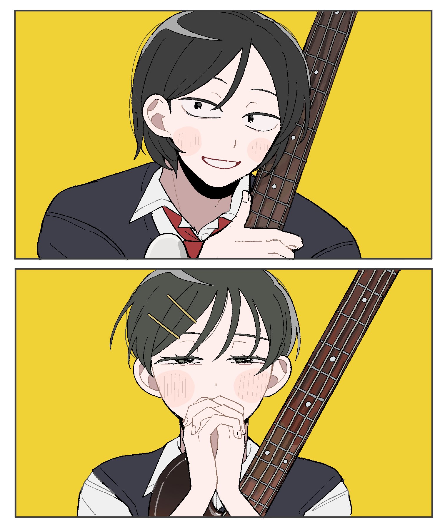 kouyama rin, taguchi ryuuya, futsuu no keion-bu, commentary request, highres, 1boy, 1girl, bass guitar, black eyes, black hair, black sweater, black sweater vest, blush, collared shirt, cousins, hair ornament, hairpin, half-closed eyes, holding, holding bass guitar, holding instrument, instrument, inusuki kogeta, necktie, own hands clasped, own hands together, parted bangs, portrait, red necktie, shirt, short hair, smile, sweater, sweater vest, upper body, white shirt, yellow background