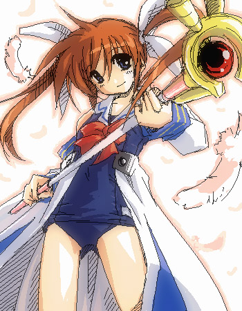 crusoe, raising heart, raising heart (device mode), takamachi nanoha, lyrical nanoha, mahou shoujo lyrical nanoha, lowres, 00s, 1girl, adapted costume, bow, feathers, female focus, magical girl, oekaki, one-piece swimsuit, purple eyes, red bow, red hair, school swimsuit, solo, swimsuit, swimsuit under clothes, twintails, waist cape