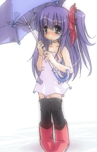 crusoe, original, lowres, 1girl, ankle boots, bare shoulders, black thighhighs, blue eyes, blush, boots, collarbone, dress, female focus, long hair, nose blush, purple dress, purple hair, red boots, red ribbon, ribbon, side ponytail, simple background, solo, spaghetti strap, standing, thighhighs, umbrella, very long hair, wavy mouth, white background, zettai ryouiki