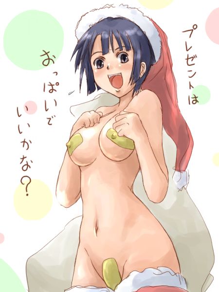 houri shinji, original, translated, 1girl, bandaid, bandaid on pussy, black eyes, blue hair, blush, breasts, christmas, covered erect nipples, female focus, happy, hat, looking at viewer, maebari, medium breasts, navel, nude, open mouth, pasties, sack, santa costume, santa hat, short hair, solo, thighhighs