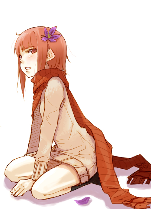 ayakura juu, original, 1girl, dress, female focus, flower, hair flower, hair ornament, kneeling, red scarf, scarf, sitting, solo, sweater, sweater dress