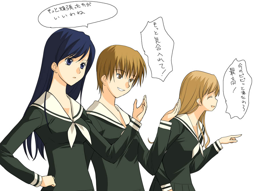 a1 (initial-g), hasekura rei, ogasawara sachiko, toudou shimako, maria-sama ga miteru, looking away, 00s, 3girls, blonde hair, blue eyes, blue hair, closed eyes, hand on own hip, lineup, long hair, multiple girls, pointing, profile, school uniform, serafuku, short hair, smile, smirk, standing, very long hair