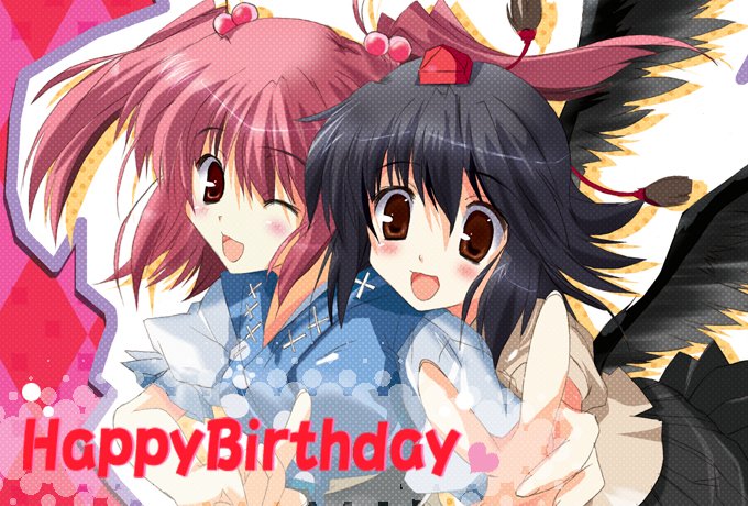 happy birthday (artist), mitsumi misato, onozuka komachi, shameimaru aya, touhou, 2girls, :d, ;d, black hair, black wings, blush, brown eyes, dress shirt, female focus, from behind, hair bobbles, hair ornament, happy, happy birthday, hat, heart, japanese clothes, looking at viewer, multiple girls, one eye closed, open mouth, orange eyes, outstretched arm, pink hair, pointing, pointing at viewer, red eyes, shirt, short hair, short twintails, skirt, smile, tokin hat, twintails, two side up, upper body, v, wince, wings, wink, yuri