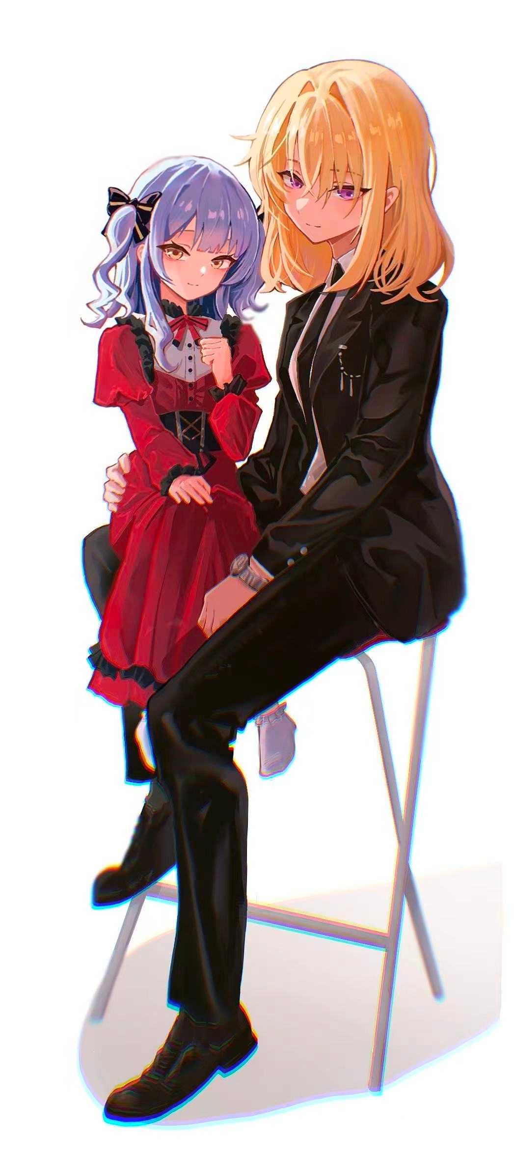 mulangfang, misumi uika, togawa sakiko, bang dream!, bang dream! it's mygo!!!!!, commentary request, highres, 2girls, aged down, black bow, black corset, black jacket, black necktie, black pants, black shoes, blonde hair, bow, bowtie, chromatic aberration, closed mouth, corset, dress, hair between eyes, hair bow, jacket, long sleeves, medium hair, multiple girls, necktie, pants, purple eyes, red bow, red bowtie, red dress, shirt, shoes, sidelocks, simple background, sitting, time paradox, watch, white background, white shirt, wristwatch, yellow eyes
