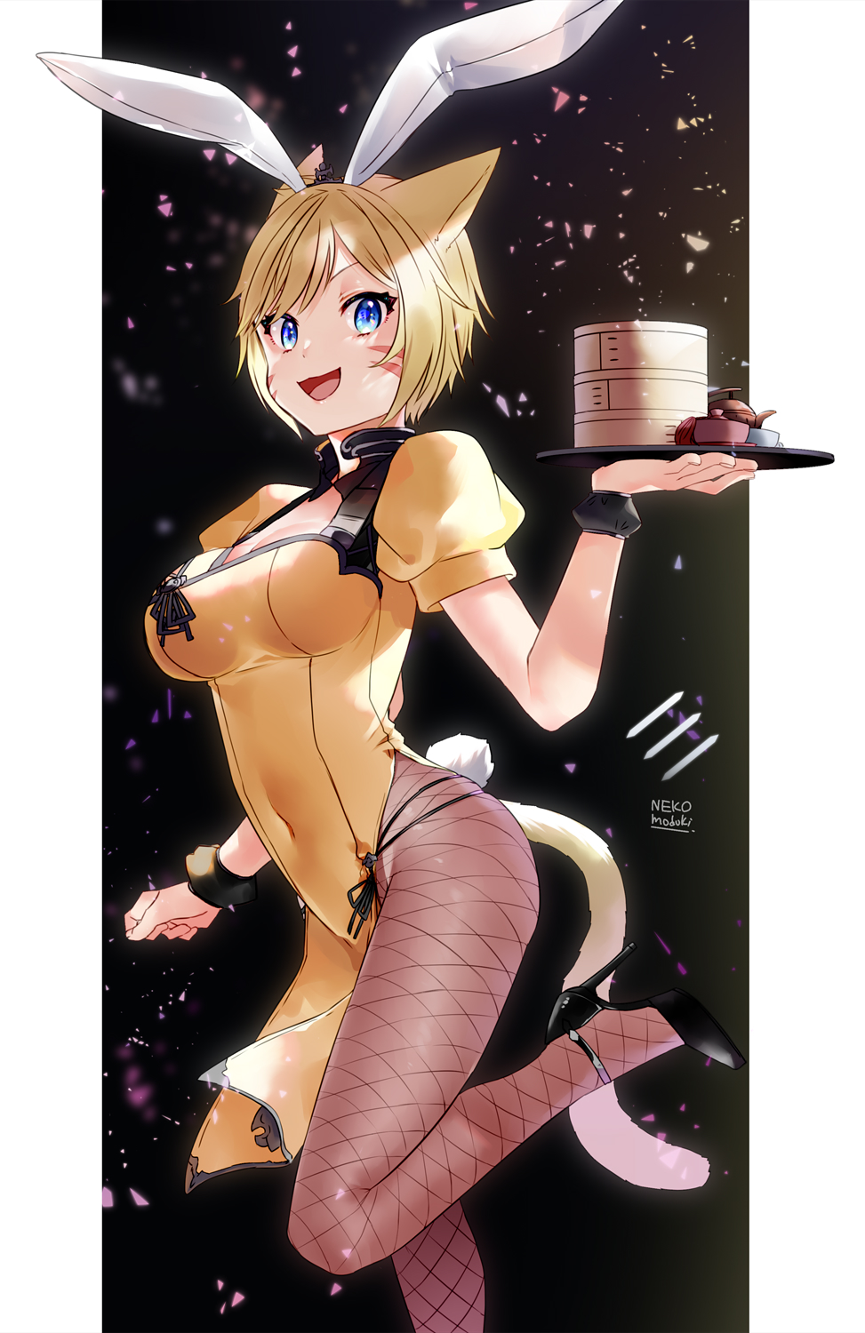 lili mdoki, monk (final fantasy), warrior of light (ff14), final fantasy, final fantasy xiv, highres, 1girl, animal ears, artist name, blonde hair, blue eyes, breasts, bunny day, cat girl, cat tail, cleavage cutout, clothing cutout, dim sum, facial mark, fake animal ears, fake tail, fishnet pantyhose, fishnets, high heels, large breasts, leotard, monk, nontraditional playboy bunny, open mouth, pantyhose, tail, whisker markings