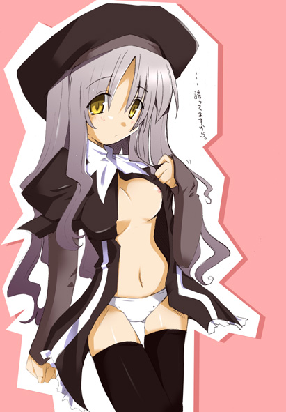 shirogane (platinum), caren hortensia, fate/hollow ataraxia, fate/stay night, fate (series), silver hair, 00s, 1girl, beret, black dress, black thighhighs, blush, breasts, dress, female focus, hat, layered sleeves, long sleeves, medium breasts, navel, nipples, open clothes, open dress, open shirt, panties, shirt, solo, thigh gap, thighhighs, thighs, underwear, white panties, yellow eyes