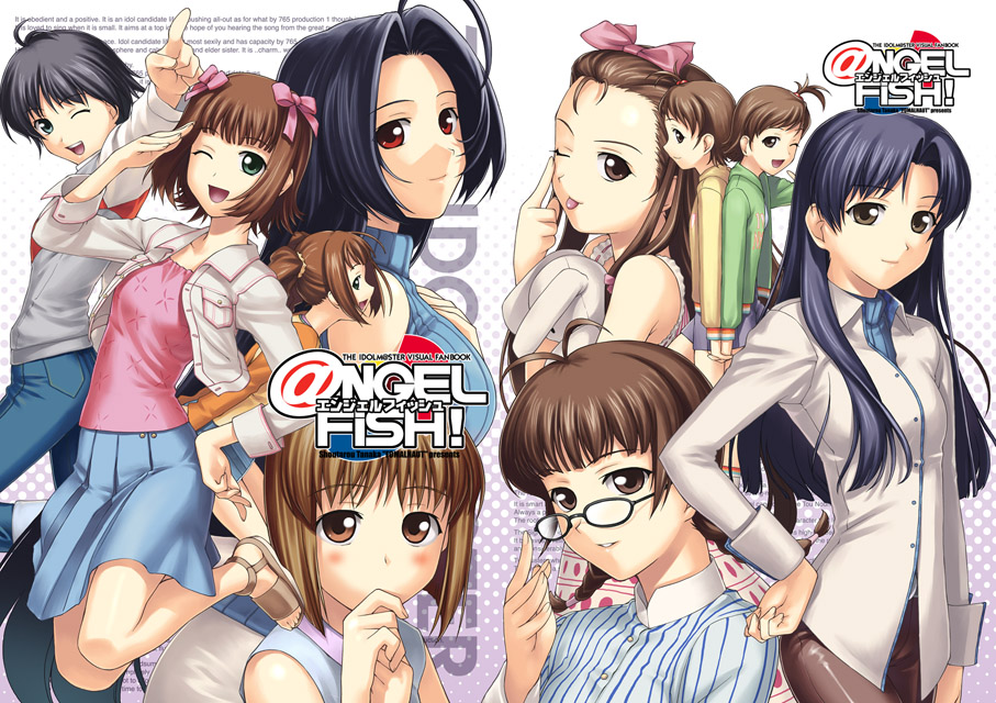 tanaka shoutarou, akizuki ritsuko, amami haruka, futami ami, futami mami, hagiwara yukiho, kikuchi makoto, kisaragi chihaya, minase iori, miura azusa, takatsuki yayoi, idolmaster, idolmaster (classic), idolmaster 1, 00s, 6+girls, :d, :p, ;p, ahoge, black-framed eyewear, blue skirt, blush, bow, brown eyes, brown hair, buttons, everyone, glasses, green eyes, hair bow, hand on own hip, holding hands, interlocked fingers, jacket, long sleeves, looking at viewer, multiple girls, one eye closed, open mouth, pants, parted lips, pointing, red eyes, salute, sandals, shirt, short hair, siblings, sisters, skirt, smile, striped clothes, striped shirt, stuffed animal, stuffed toy, tongue, tongue out, twins, twintails, vertical-striped clothes, vertical-striped shirt