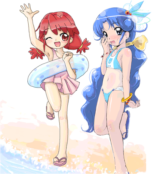 fine (futagohime), rein (futagohime), fushigiboshi no futago hime, 00s, 2girls, :d, ;d, arm up, armpits, beach, bikini, blue eyes, blue hair, body blush, bracelet, casual one-piece swimsuit, clenched hand, flat chest, flip-flops, hair bobbles, hair ornament, hair ribbon, hand to own mouth, innertube, jewelry, leg lift, legs, long hair, looking at viewer, multiple girls, navel, ocean, one-piece swimsuit, one eye closed, open mouth, outdoors, parted bangs, ponytail, profile, red eyes, red hair, ribbon, sandals, scrunchie, short twintails, siblings, sidelocks, sisters, smile, standing, standing on one leg, swim ring, swimsuit, tankini, twintails, very long hair, water, waving, wavy hair, wink