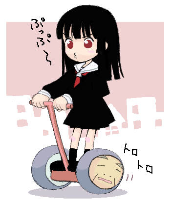 ishida masatsuki, enma ai, jigoku shoujo, lowres, 1girl, black hair, black serafuku, black skirt, blunt bangs, chibi, chibi only, female focus, hime cut, long hair, o3o, parody, red eyes, school uniform, segway, serafuku, skirt, solo
