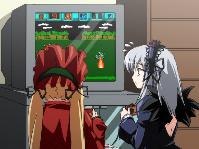 shinku, suigintou, advance wars, nes, rozen maiden, silver hair, 00s, 2girls, :o, angel wings, back, blonde hair, bonnet, bow, controller, famicom, flower, from behind, game console, game controller, gothic lolita, hairband, lolita fashion, lolita hairband, long hair, multiple girls, open mouth, pink eyes, playing games, profile, rose, surprised, sweatdrop, television, twintails, video game, wings