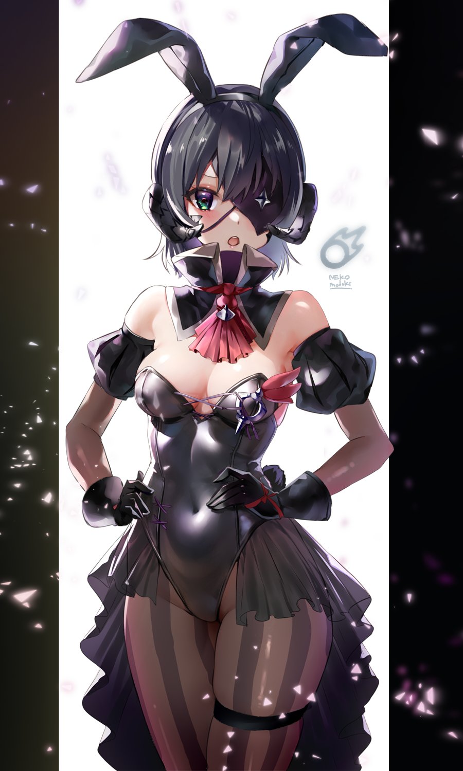 lili mdoki, black mage (final fantasy), warrior of light (ff14), final fantasy, final fantasy xiv, highres, 1girl, animal ears, au ra, black gloves, black hair, black leotard, black pantyhose, black scales, breasts, bunny day, cleavage, dragon girl, dragon horns, eyepatch, fake animal ears, fake tail, gloves, horns, leotard, medium breasts, nontraditional playboy bunny, pantyhose, striped clothes, striped pantyhose, tail, tailcoat