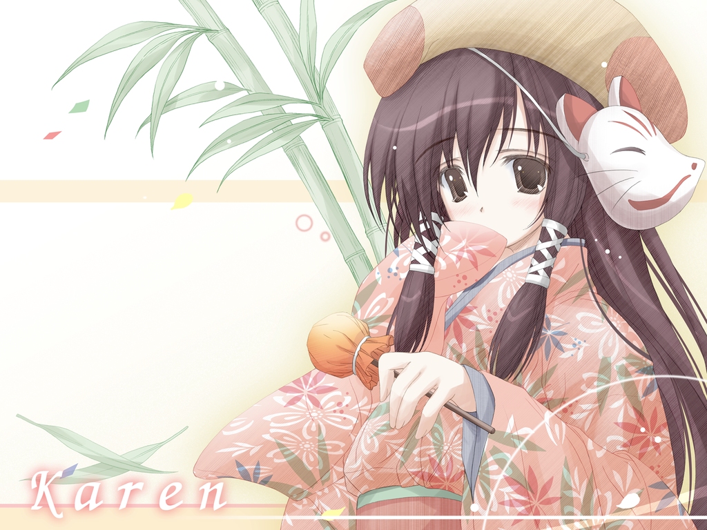 sera karen, sakura musubi, 1girl, bamboo, brown eyes, brown hair, character name, covering own mouth, female focus, floral print, fox mask, hair between eyes, hair tubes, hand to own mouth, hat, holding, japanese clothes, long sleeves, mask, plant, sash, simple background, solo, upper body, wide sleeves, yellow background
