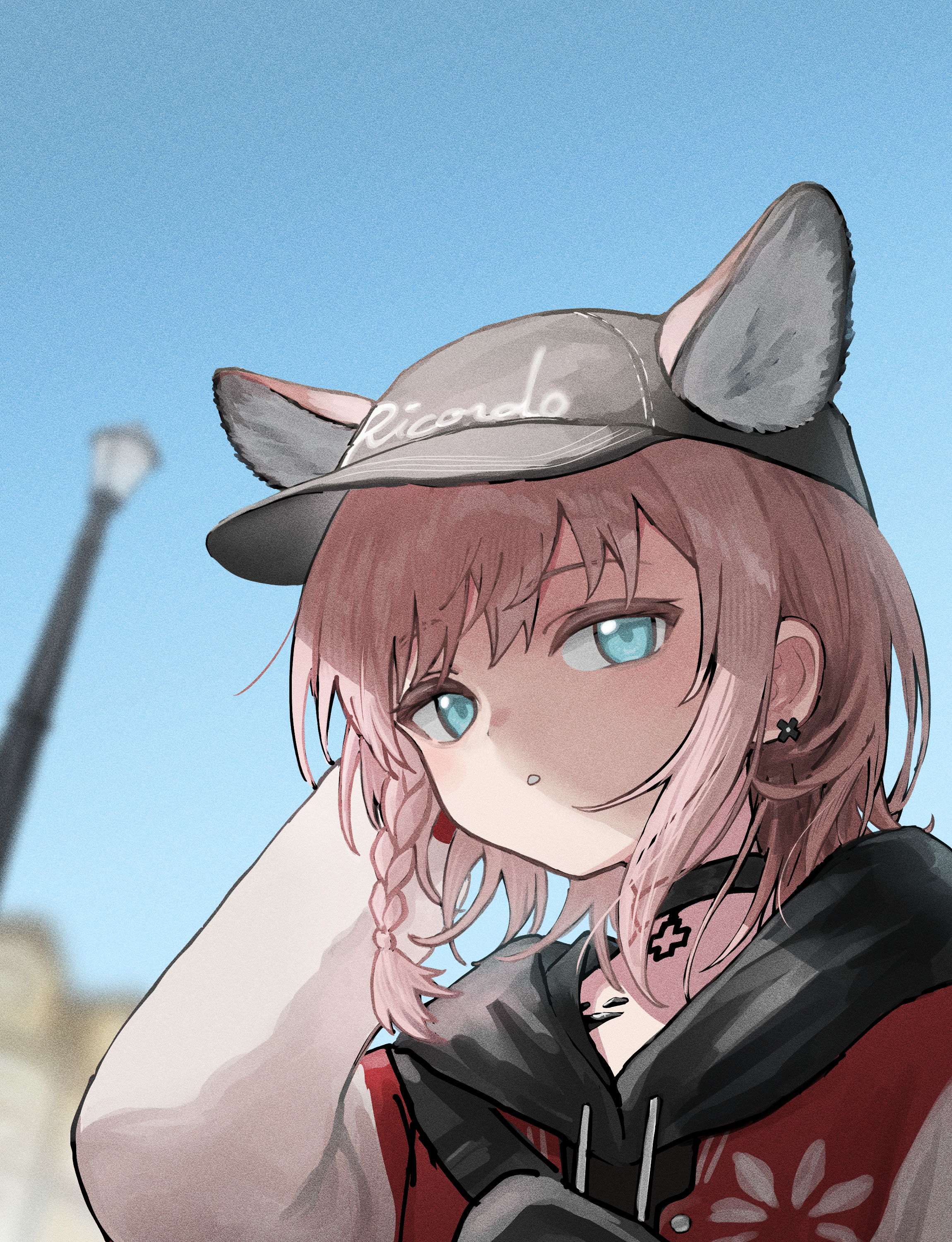 landl, sussurro (arknights), sussurro (travel freely) (arknights), arknights, absurdres, commentary, highres, 1girl, animal ears, black choker, blue eyes, blue sky, blurry, blurry background, braid, choker, cloud, ear piercing, ears through headwear, extra ears, fox ears, fox girl, hood, long sleeves, looking at viewer, material growth, official alternate costume, oripathy lesion (arknights), outdoors, parted lips, piercing, short hair, side braid, single braid, sky, solo