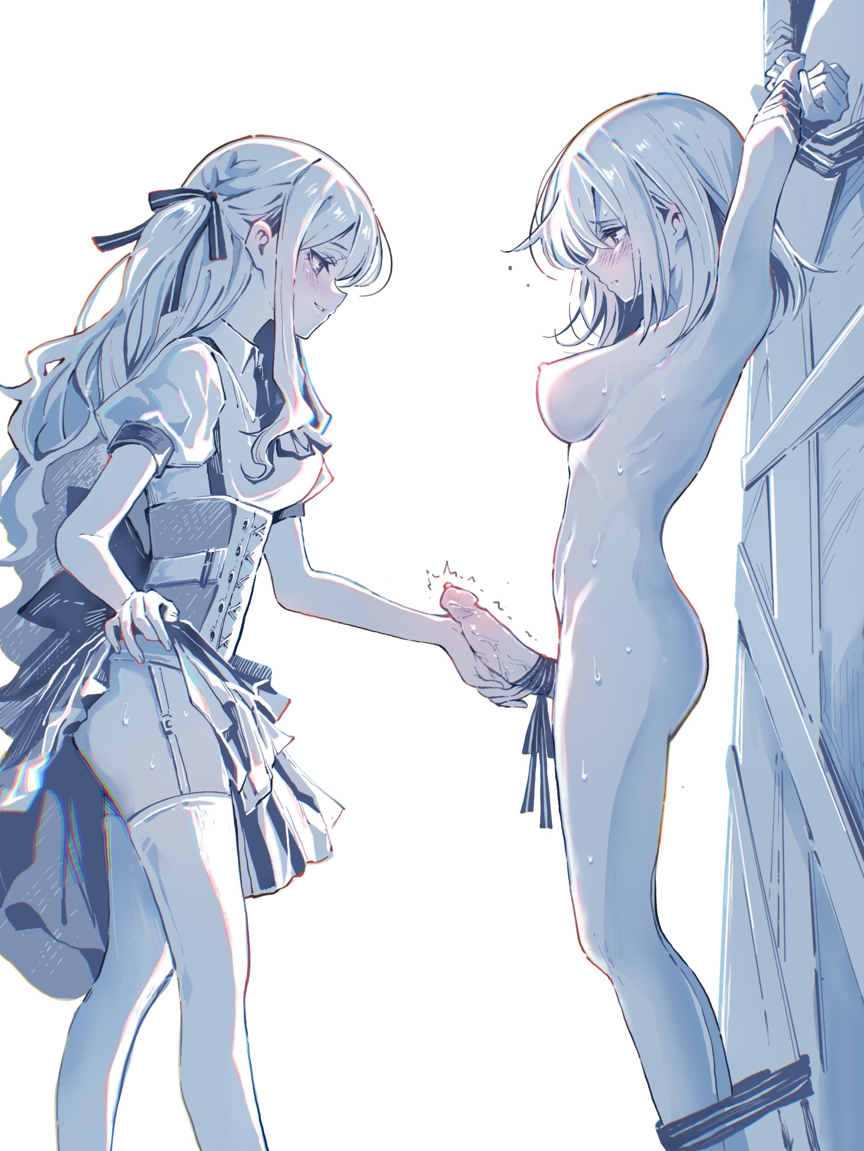 mulangfang, misumi uika, oblivionis (bang dream!), togawa sakiko, bang dream!, bang dream! it's mygo!!!!!, chinese commentary, commentary request, highres, textless version, 2girls, blue theme, blush, closed mouth, clothed female nude female, clothes lift, corset, futa with female, futanari, garter straps, hair ribbon, multiple girls, nude, penis, restrained, ribbon, short hair, sidelocks, skirt, skirt lift, spot color, sweat, thighhighs