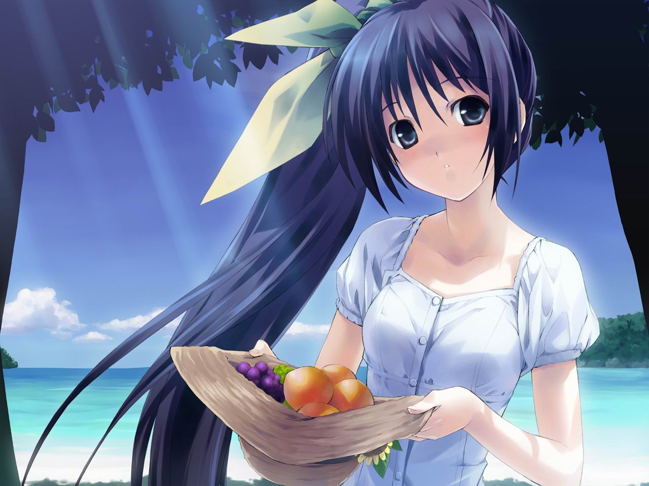 hashimoto takashi, itou noemi, with you, 00s, 1girl, beach, blue eyes, blue hair, cloud, day, dress, female focus, food, fruit, hat, high side ponytail, holding, holding unworn clothes, holding unworn hat, long hair, matching hair/eyes, orange (fruit), outdoors, ribbon, sky, solo, sun hat, tree, unworn hat, unworn headwear, white dress