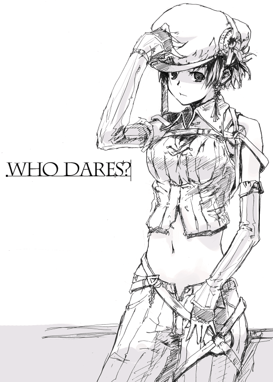 refeia, original, 1girl, english text, female focus, greyscale, hat, midriff, monochrome, open fly, simple background, solo, unzipped, white background