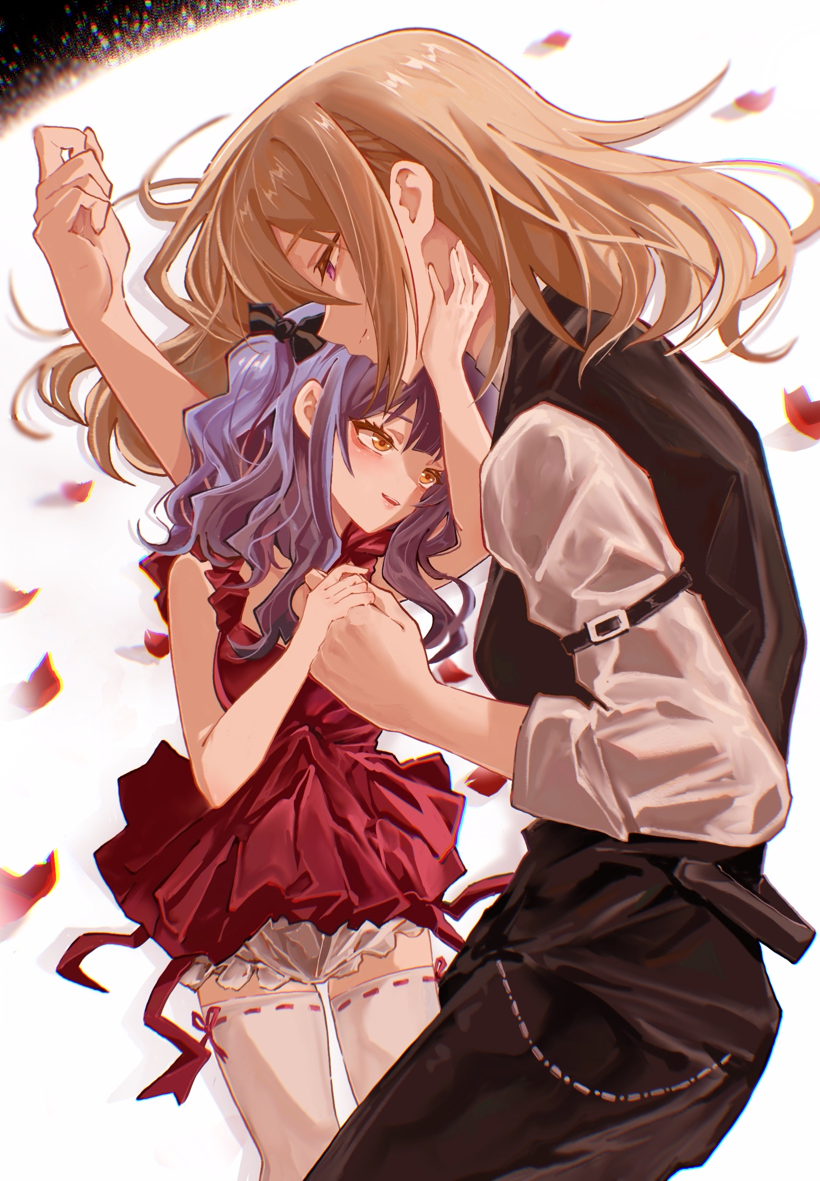 mulangfang, misumi uika, togawa sakiko, bang dream!, bang dream! it's mygo!!!!!, commentary request, highres, 2girls, age difference, aged down, black ribbon, black vest, blonde hair, blue hair, closed mouth, dress, long hair, medium hair, multiple girls, onee-loli, open mouth, purple eyes, red dress, ribbon, shirt, shorts, sidelocks, sleeveless, sleeveless dress, thighhighs, time paradox, vest, white shirt, white shorts, white thighhighs, yuri