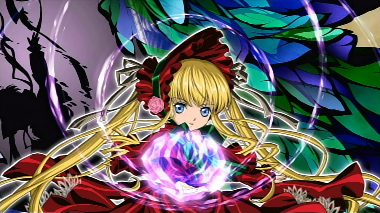 shinku, rozen maiden, 00s, 1girl, blonde hair, blue eyes, dress, expressionless, female focus, floating hair, flower, frilled hat, frills, hat, hat ribbon, long hair, long sleeves, magic, parted lips, pink flower, pink rose, red dress, ribbon, rose, solo, twintails, upper body, very long hair