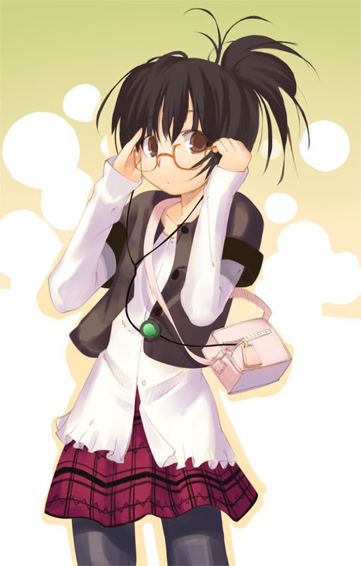 kuroboshi kouhaku, original, duplicate, 1girl, adjusting eyewear, bag, black hair, brown eyes, child, earphones, fashion, female focus, glasses, japanese clothes, layered sleeves, long sleeves, pantyhose, ponytail, short over long sleeves, short sleeves, skirt, solo